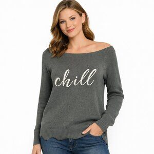 Le Lis NEW Chill Embroidered Grey Sweater Wide Neck Cozy Slouchy Pullover S M